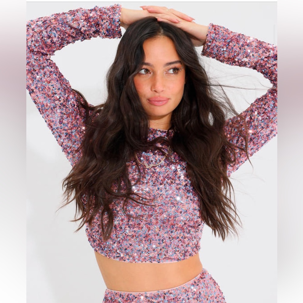 Lulus Bringing The Glam Pink Multi Sequin Two-piece Bodycon Mini Dress - Size XS